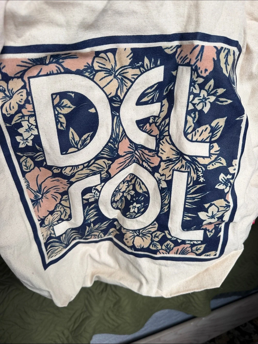 Canvas Floral Logo Tote Bag in Natural with Navy Print